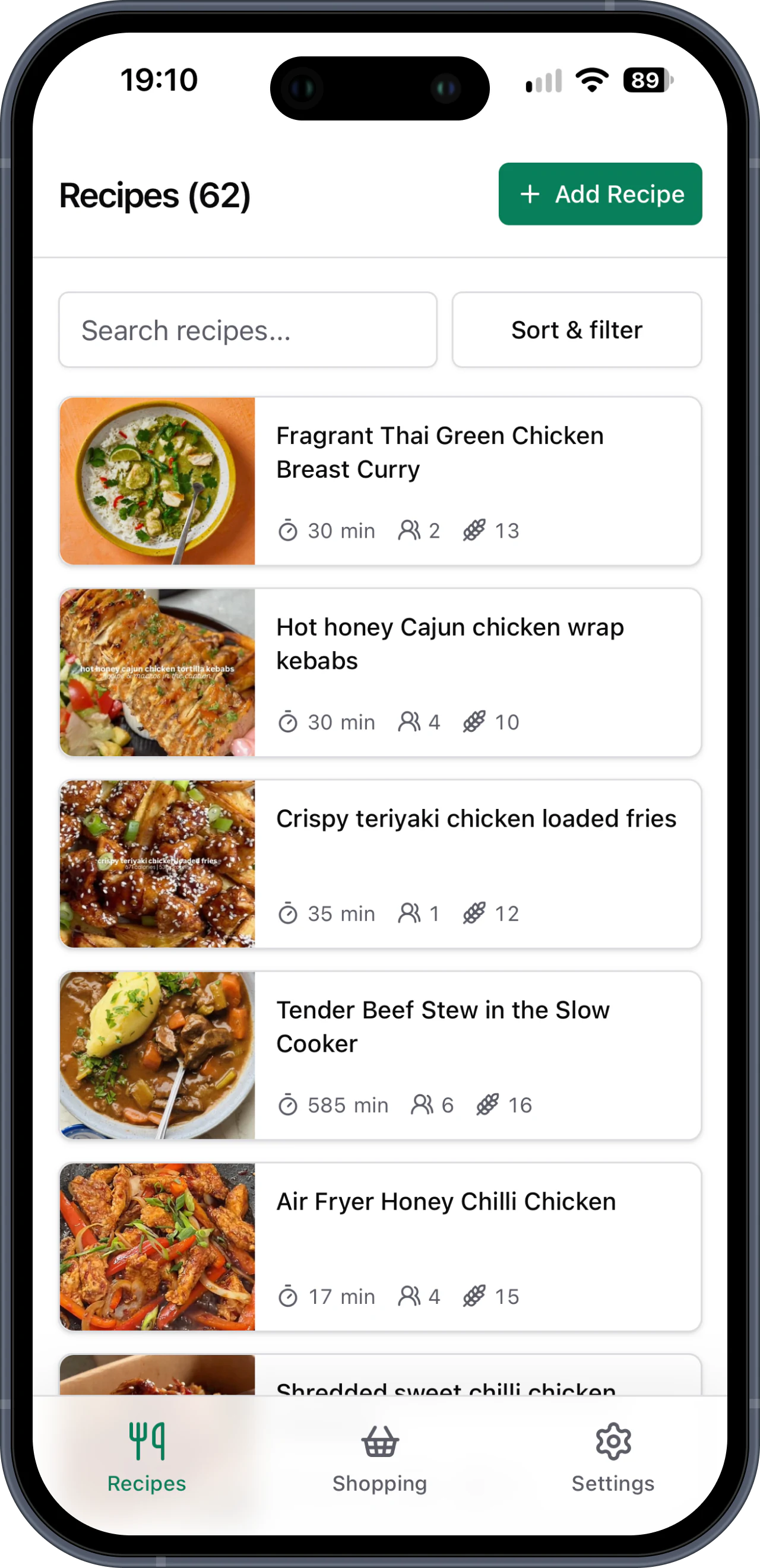 Add recipes Basket List recipe library with saved meals and an Add Recipe button