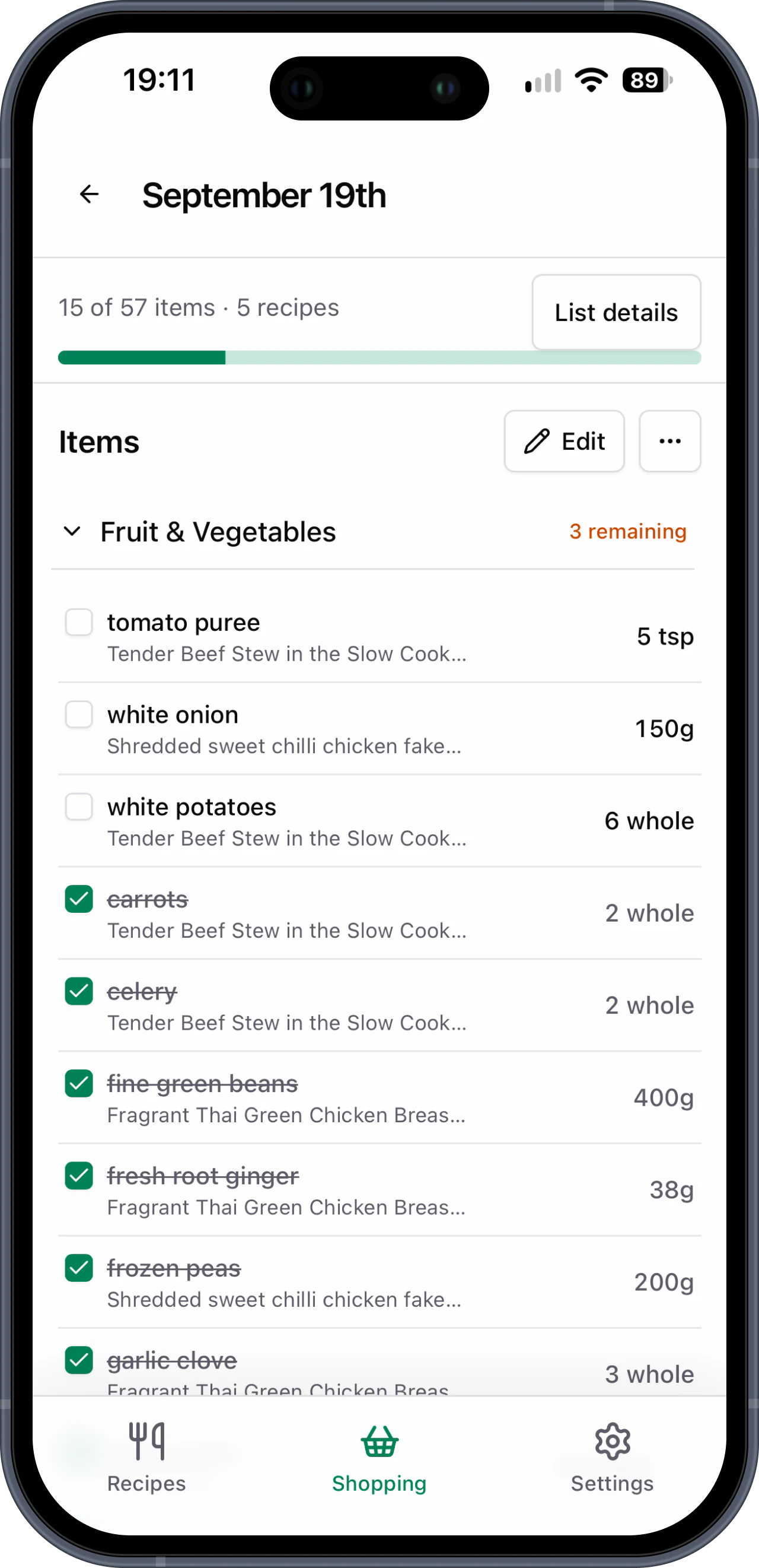 Tick items off from one shared shopping list Basket List shared shopping list with items being ticked off