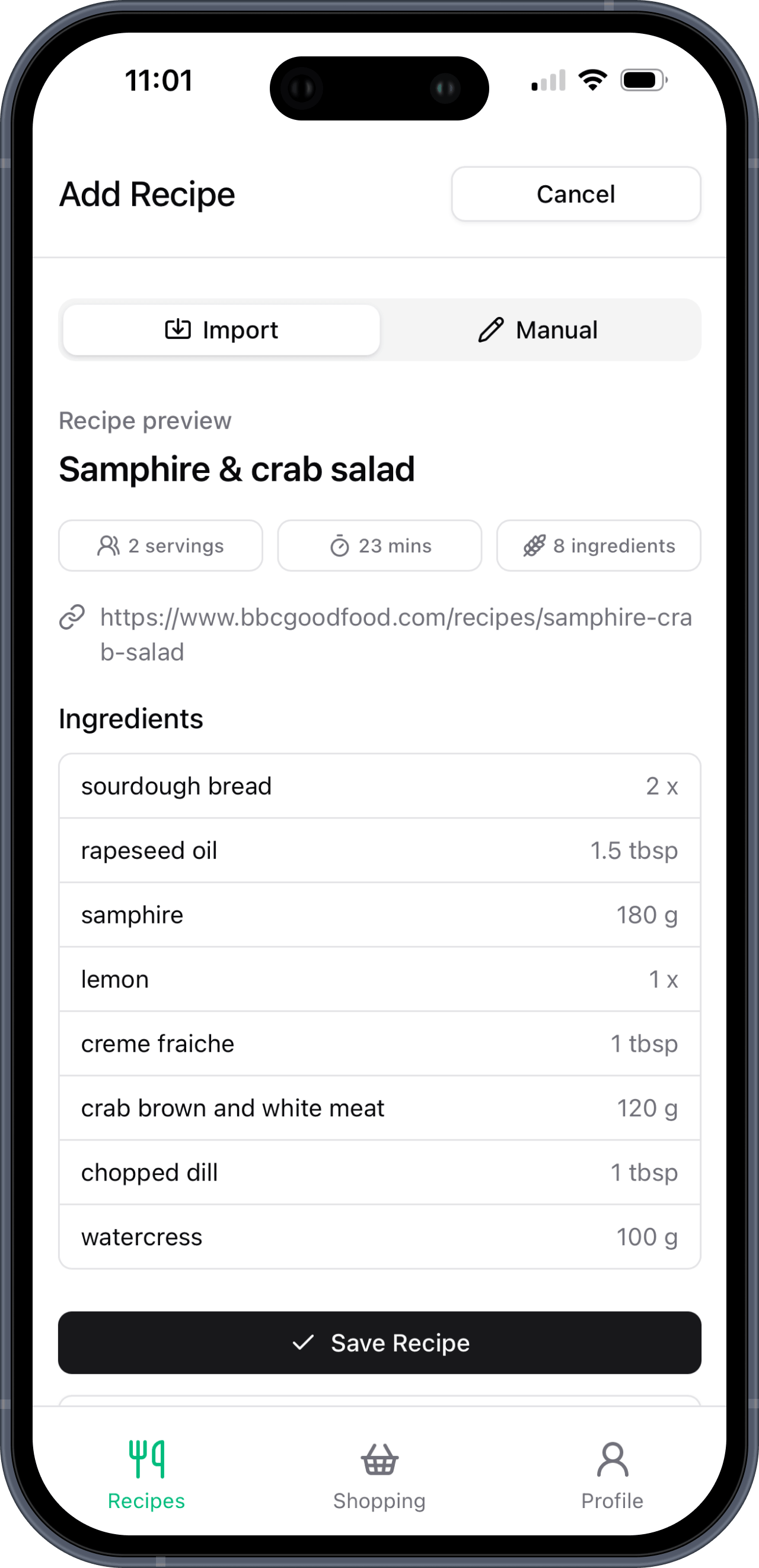 Preview an imported recipe before saving Basket List recipe import preview screen
