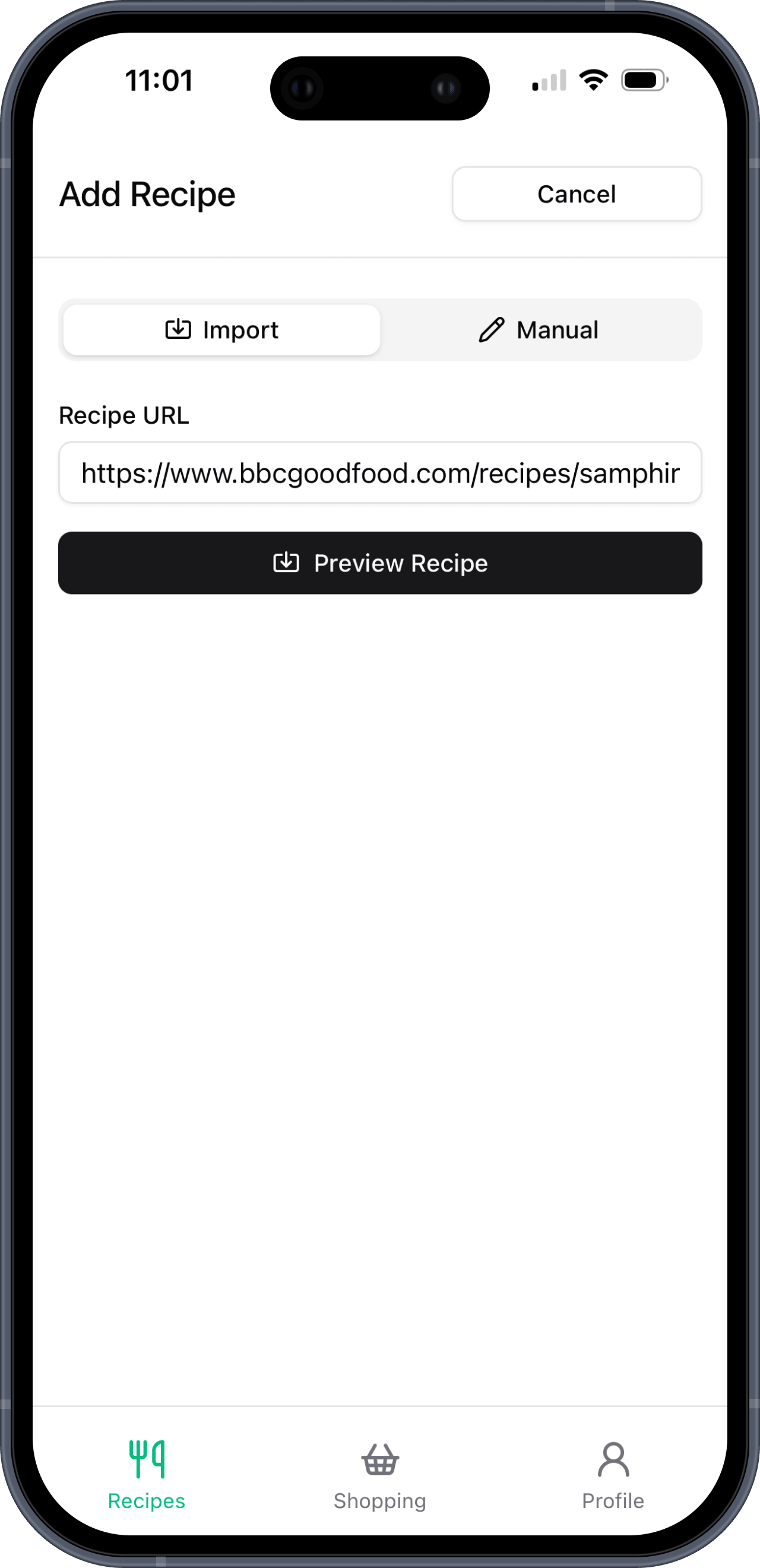 Add recipes Basket List add recipe URL import screen