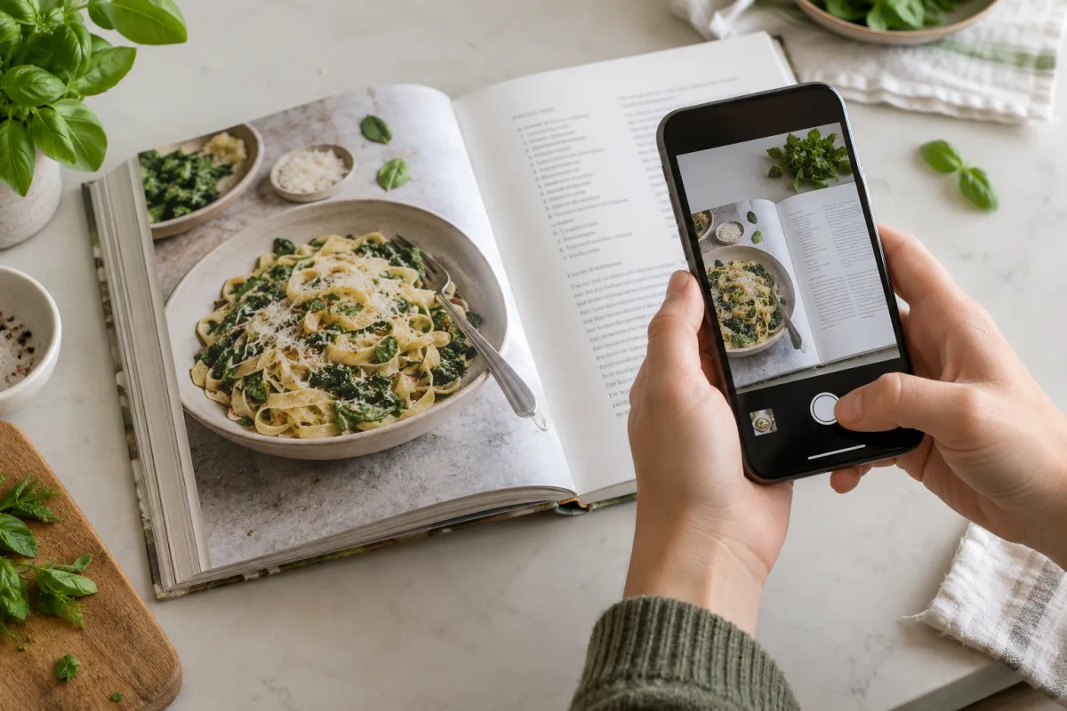 Hands holding a phone to photograph a recipe in an open cookbook