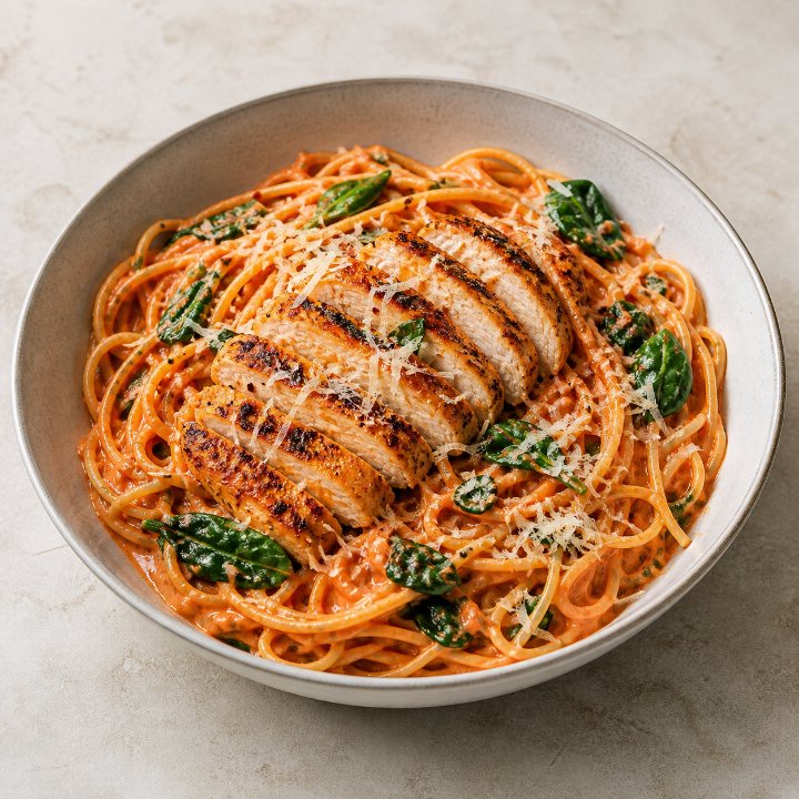Harissa spaghetti with chicken, spinach and grated cheese