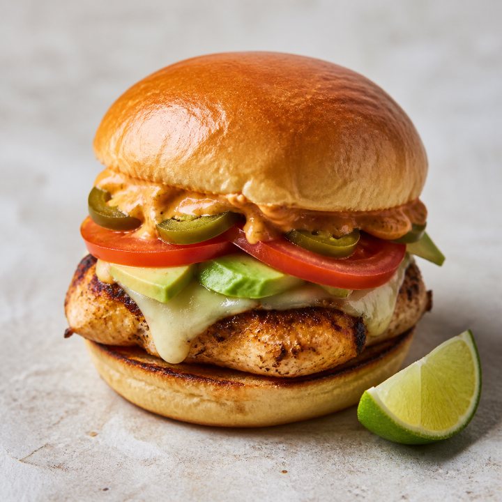 Mexican chicken burger with avocado, jalapeños and a wedge of lime